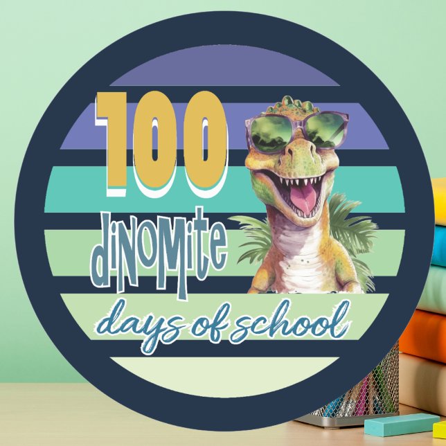 Adesivo Redondo 100 dias de professor estudante de Dinossauro na E (School Stickers to celebrate 100 Days of School. Dinosaur retro vintage. )