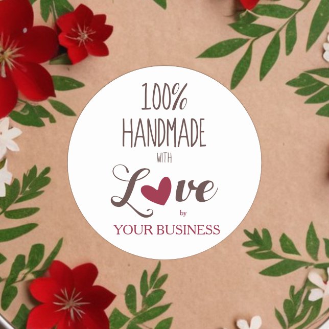 Adesivo Redondo 100% Quote Craft Articles Handmade (Romantic Rustic 100% Handmade with Love Quote Classic Round Sticker with Red Heart. )