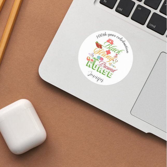 Adesivo Redondo 100th year celebration black history nurse  (Criador carregado)