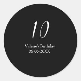 Adesivo Redondo 10th birthday white black name date calligraphy 