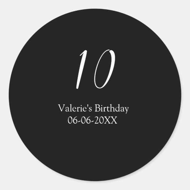 Adesivo Redondo 10th birthday white black name date calligraphy  (Frente)
