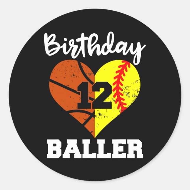 Adesivo Redondo 12 Birthday Baller Diversão de 12 anos de Softball (Frente)