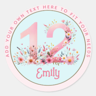 Adesivo Redondo 12 Birthday Fairy Floral Pink Princess Fairytale