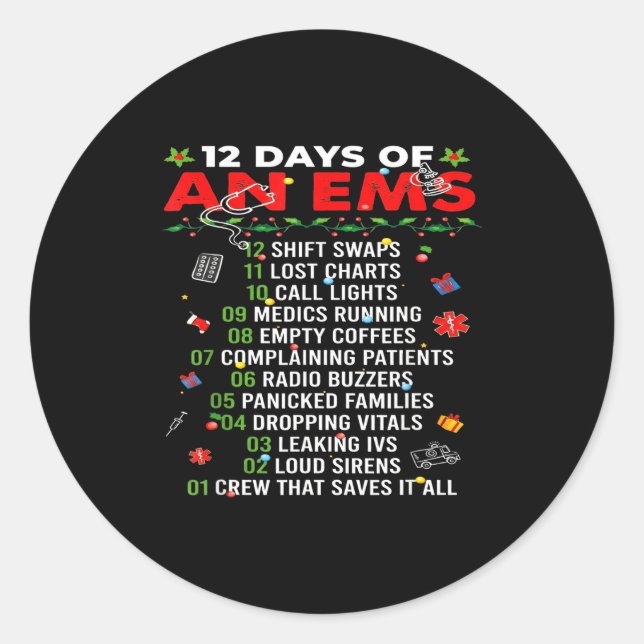 Adesivo Redondo 12 Days Of An Ems Emt Icu Nurse Christmas Xmas Fun (Frente)
