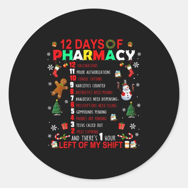 Adesivo Redondo 12 Days Of Pharmacy Funny Christmas Pharmacist Tec (Frente)