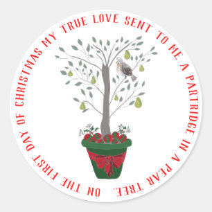 Adesivo Redondo 12 dias da perdiz do Natal em uma árvore de pera