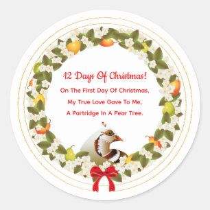 Adesivo Redondo 12 dias de partuito de Natal numa árvore de pera