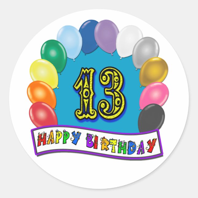 Adesivo Redondo 13 Birthday dá presentes com Design de balões asso (Frente)