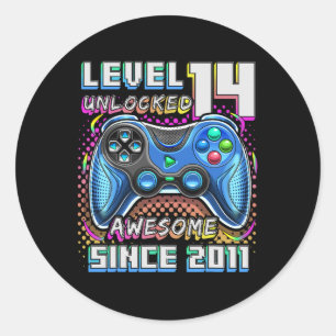 Adesivo Redondo 14 Birthday Boy Nível 14 Gamer 14 Anos Vídeo Gam