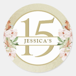 Adesivo Redondo 15º aniversário (ou outro), Floral Dourado Champan