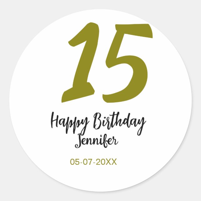 Adesivo Redondo 15 aniversário quiencenera adicionar data ano ouro (Frente)