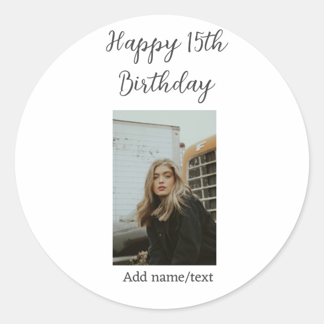 Adesivo Redondo 15 de aniversário feliz adicionar nome foto texto  (Frente)