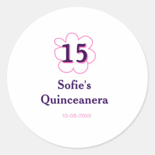 Adesivo Redondo 15 quinceanera feliz aniversário rosa púrpura