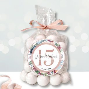 Adesivo Redondo 15 Rosa Dourado Quince Floral Favor / Decor