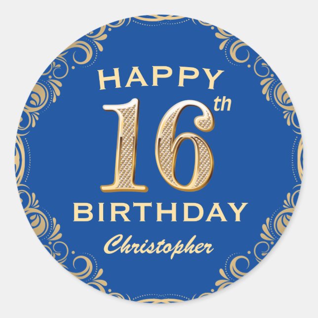 Adesivo Redondo 16ª imagem azul e brilhante Dourada (Frente)