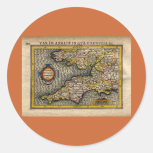 Adesivo Redondo 1610 Mapa de Cornwall, Devon, Somerset, etc...