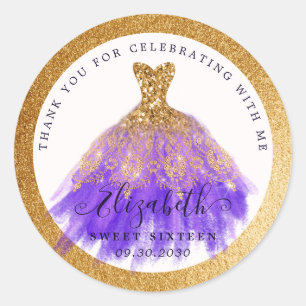 Adesivo Redondo 16.º Aniversário Glitter Dourado Roxo Vestido Ob