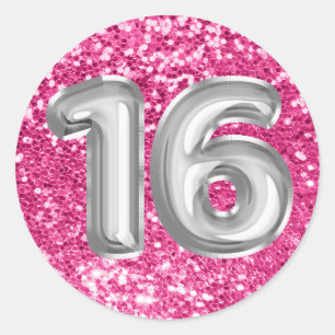 Adesivo Redondo 16 Balões de Folha de Prata Brilhante Rosa Glitter