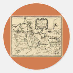 Adesivo Redondo 1755 grandes lagos e mapa novo de France/Canadá