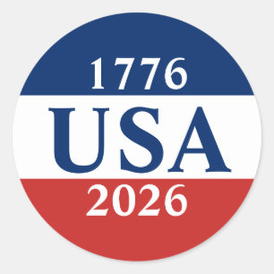 Adesivo Redondo 1776 EUA 2026 Patriótico Vermelho Branco e Azul