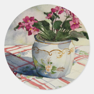 Adesivo Redondo 1790 violetas africanas no pote azul