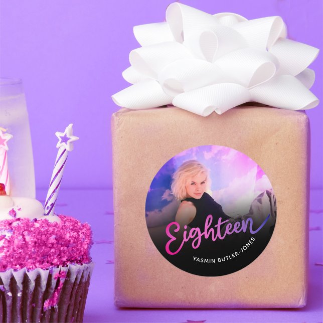 Adesivo Redondo 18 Foto de aniversário Foto rosa púrpura preto (Criador carregado)