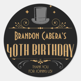 Adesivo Redondo 1920 Preto e Dourado da Arte de aniversário de 40 