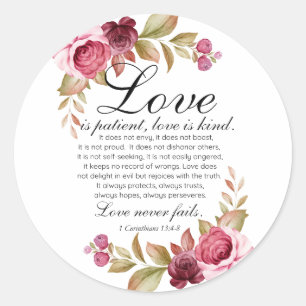 Adesivo Redondo 1 Coríntios 13:4-8 O Amor é Paciente Bíblia Floral