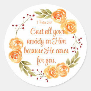 Adesivo Redondo 1 Peter 5:7 Escritura de Bíblia Floral Laranja