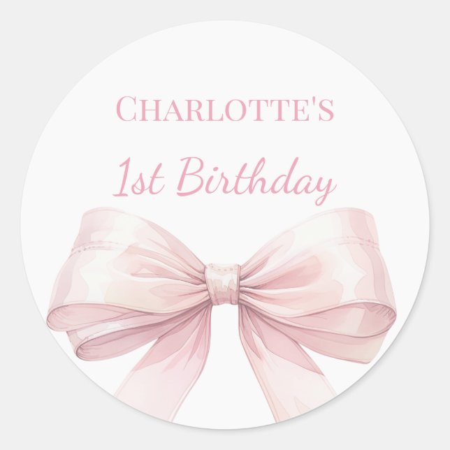 Adesivo Redondo 1st Birthday Bow Blush Pink Girl (Frente)