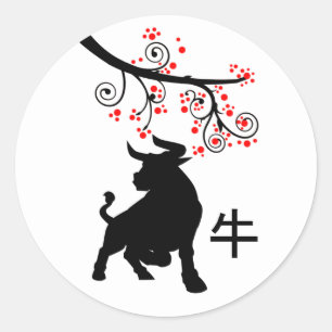 Adesivo Redondo 2021 Chinês - Ox e Flores Vermelhas
