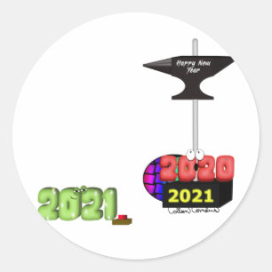 Adesivo Redondo 2021 Esmagando 2020 com Bigorna de Ano Novo Feliz