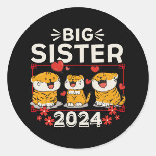 Adesivo Redondo 2024 Big Sister Tiger Love Hearts