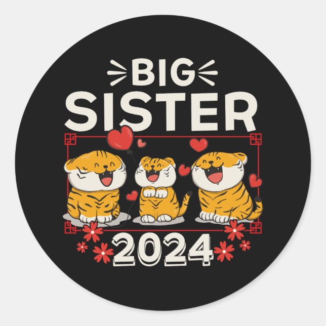 Adesivo Redondo 2024 Big Sister Tiger Love Hearts (Frente)