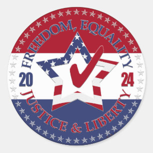 Adesivo Redondo 2024 EUA Bandeira Freedom, Equality, Justice Liber