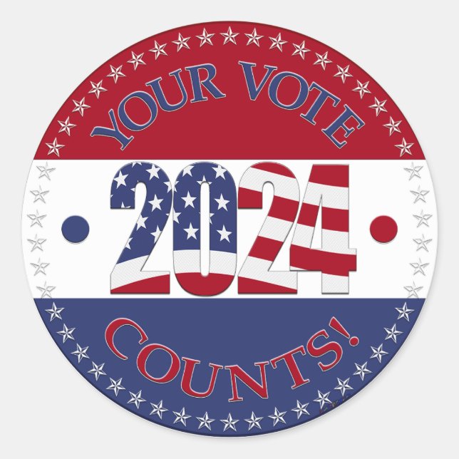 Adesivo Redondo 2024 Seu Voto Conta Sinalizador EUA (Frente)