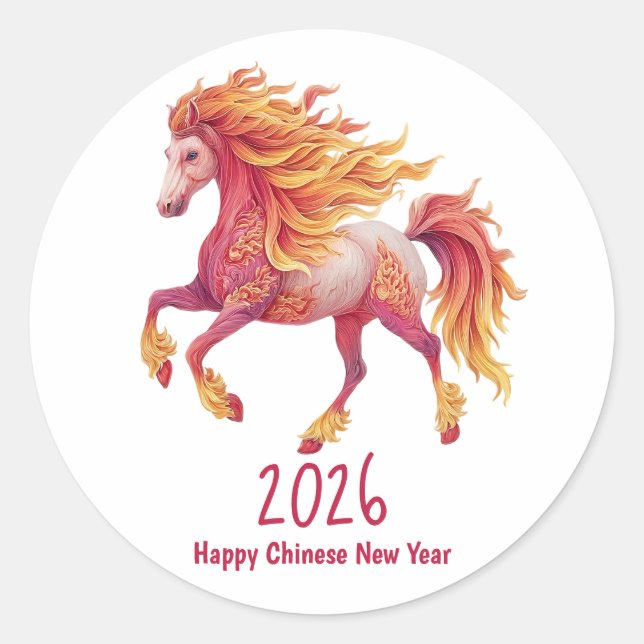 Adesivo Redondo 2026 Fiery Horse – Happy Chinese New Year (Frente)