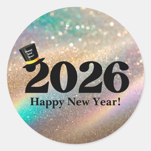 Adesivo Redondo 2026 happy new year, fun cute hat glitters (Frente)