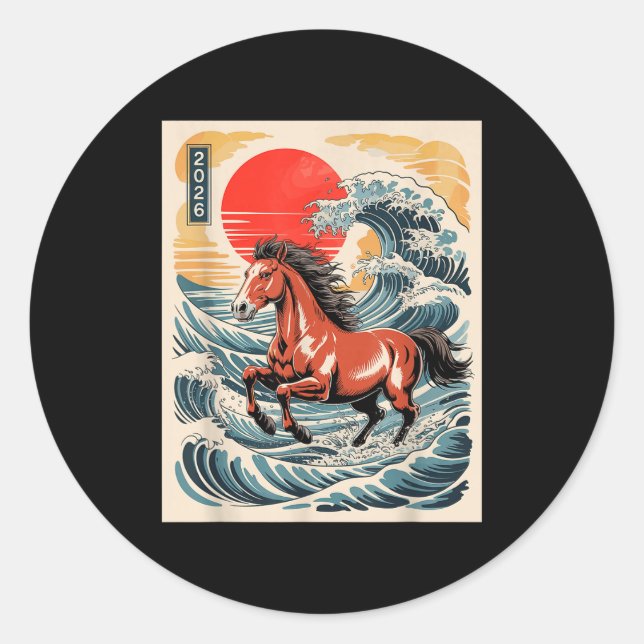 Adesivo Redondo 2026 Year Of The Horse Japanese Wave Art Lunar New (Frente)