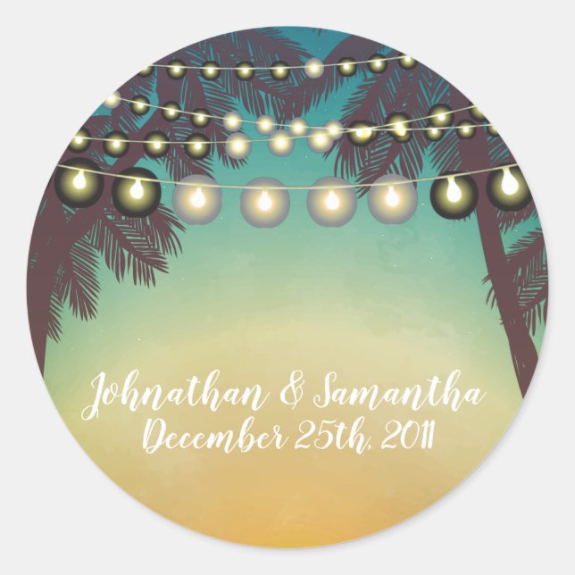 Adesivo Redondo 20 - 1,5" Favor Stickers Beach Sunset Palm Tree Ru (Frente)