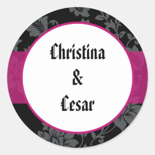 Adesivo Redondo 20 - 1,5" Favor Stickers Black Floral Hot Pink Str
