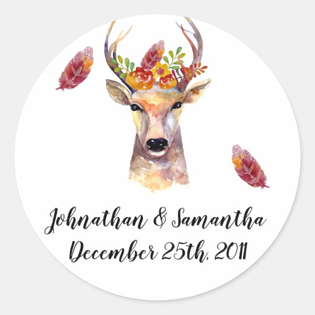 Adesivo Redondo 20 - 1,5" Favor Stickers Boho Veado Buck Cabeça (Frente)