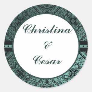 Adesivo Redondo 20 - 1,5" Favor Stickers Damask Teal Casal Man