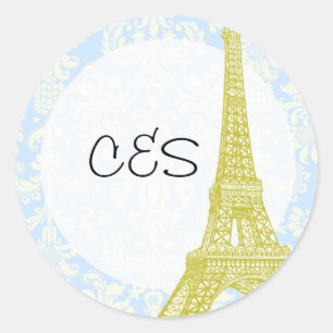 Adesivo Redondo 20 Casamento em Paris Blue Damask Favor Stickers