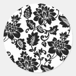 Adesivo Redondo 20 Selo de Envelope Floral Preto/Rosa Quente