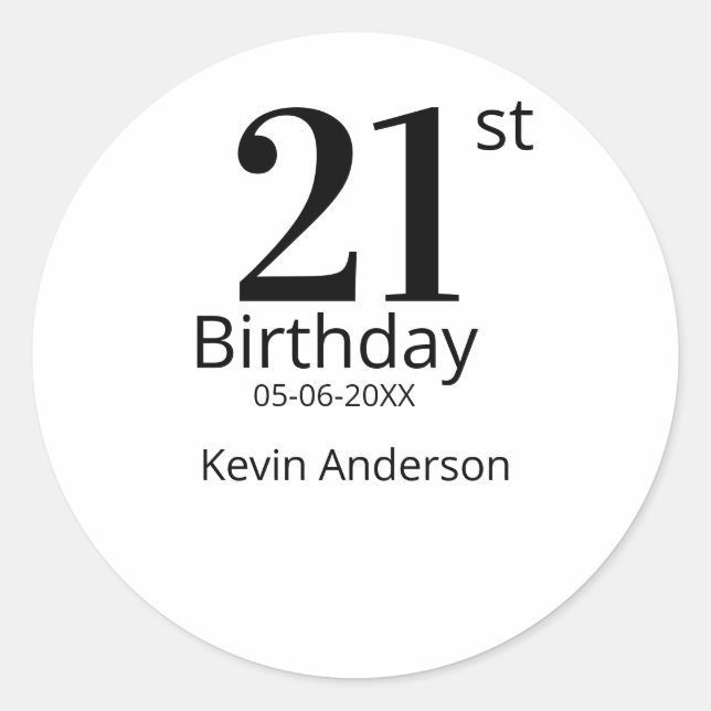 Adesivo Redondo 21st birthday bold letter name date simple man boy (Frente)