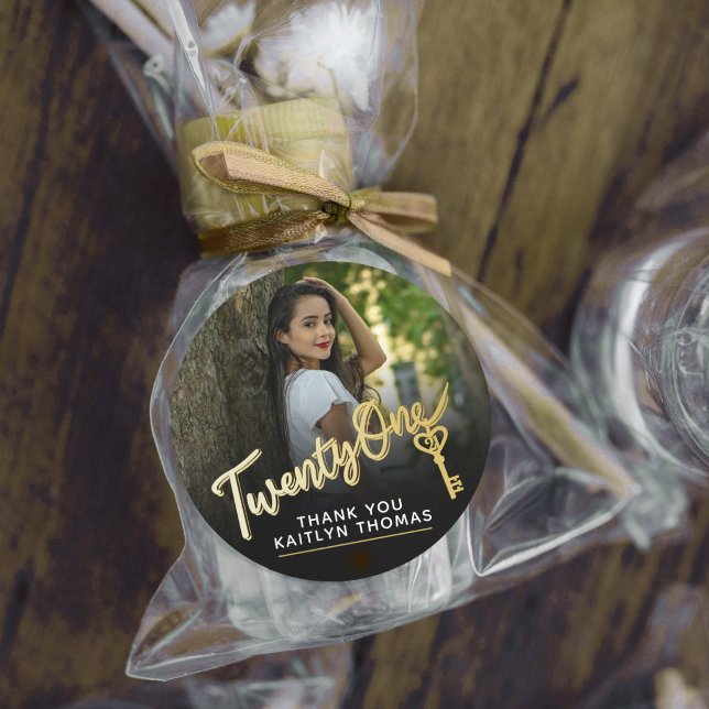 Adesivo Redondo 21st Birthday photo script gold effect 21 key (Criador carregado)