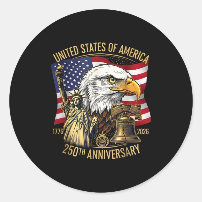 Adesivo Redondo 250 Years 1776-2026 250th Birthday Eagle Liberty B (Frente)