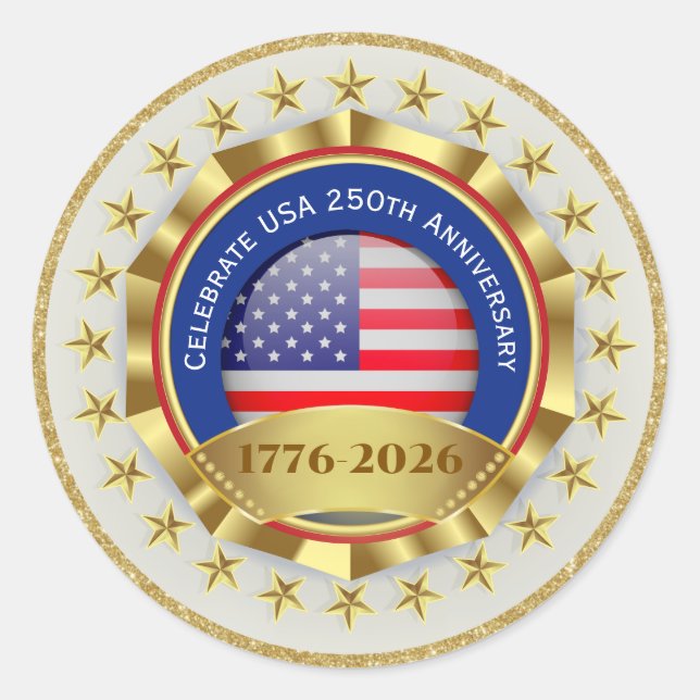 Adesivo Redondo 250th Anniversary USA Patriotic | 1776–2026 (Frente)