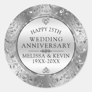 Adesivo Redondo 25 aniversário de casamento Silver Floral Frame